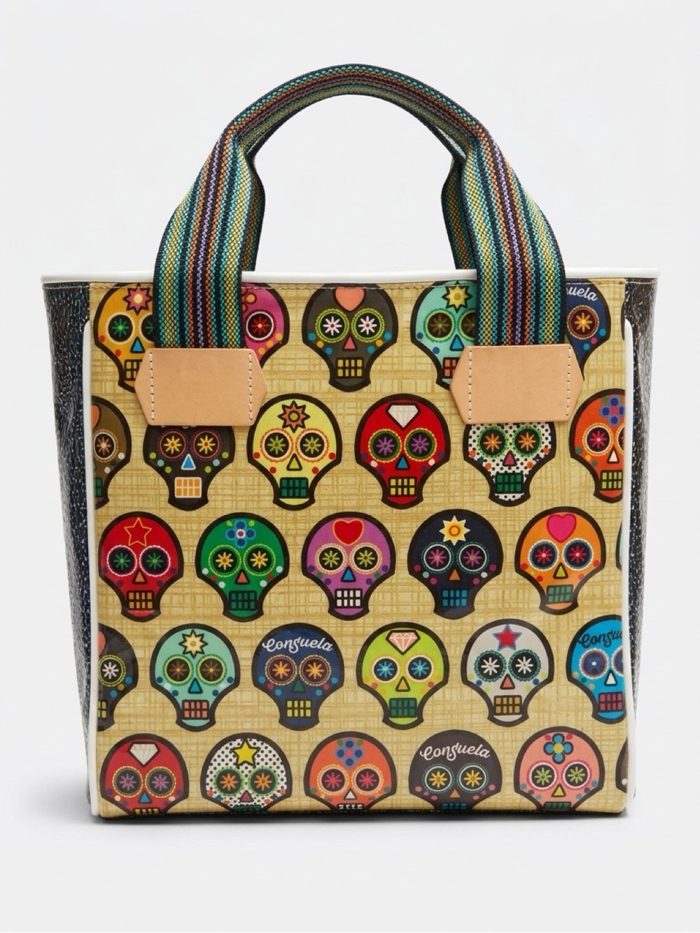 Consuela Multicolor Sugar Skull Tote with Tan Base and Striped Handles